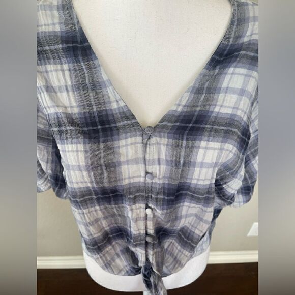 Paige Baylee Plaid Tie Front Cotton Blend Top In Eventide Multi - Picture 3 of 15